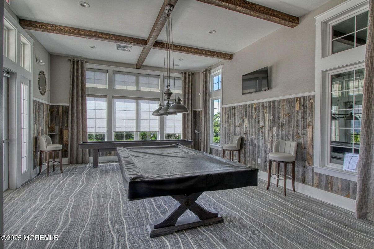 Billiard Table, Game Room, Interior, Pendant Lights, Recessed Lighting, Wooden Beams