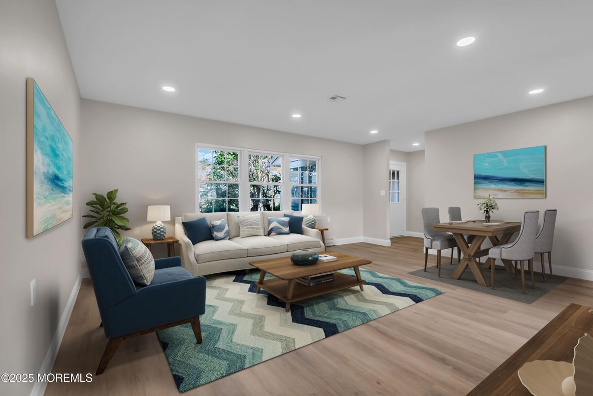 Dining room, Interior, Living room, Recessed Lighting, Wood Texture Flooring