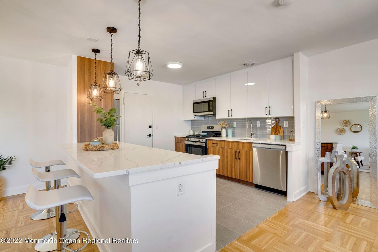 Interior, Kitchen, Pendant Lights, Recessed Lighting, Stainless Steel Appliances, Wood Texture Flooring