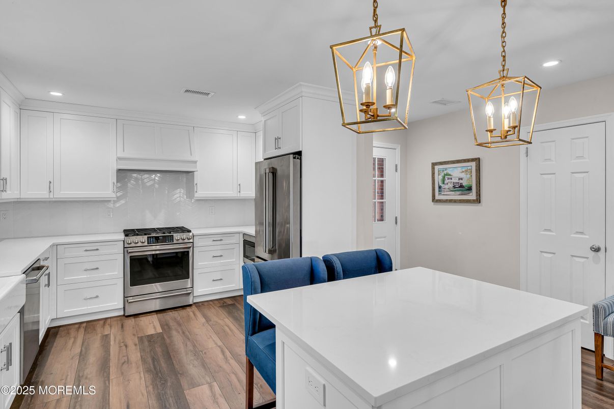 Interior, Kitchen, Pendant Lights, Recessed Lighting, Stainless Steel Appliances, Wood Texture Flooring