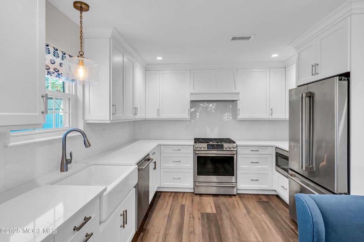 Interior, Kitchen, Pendant Lights, Recessed Lighting, Stainless Steel Appliances, Wood Texture Flooring