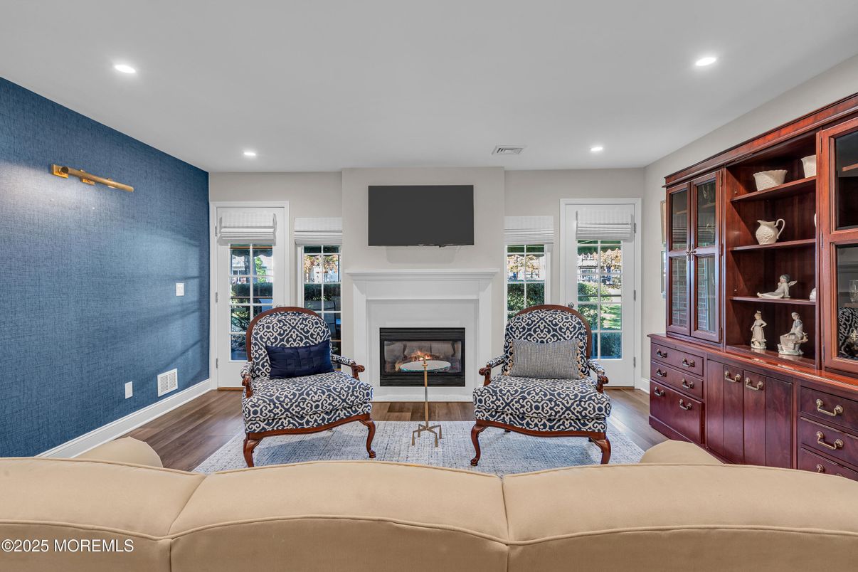 Fireplace, Interior, Living room, Recessed Lighting, Wood Texture Flooring