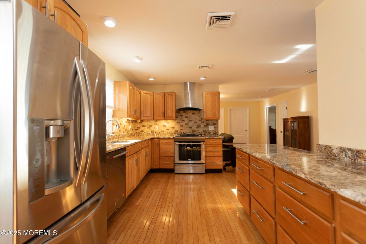 Interior, Kitchen, Recessed Lighting, Stainless Steel Appliances, Wood Texture Flooring
