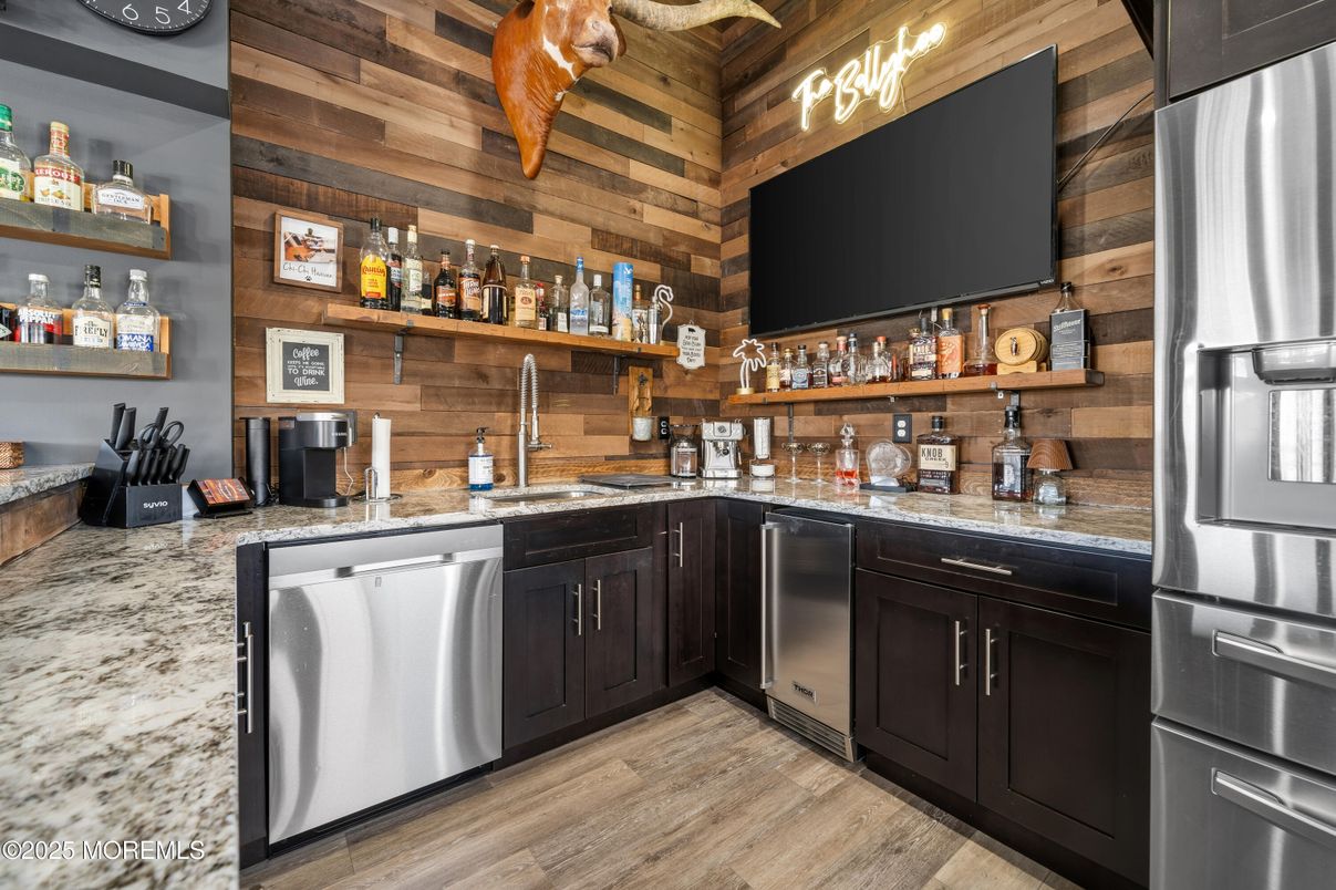 Interior, Kitchen, Stainless Steel Appliances, Wood Texture Flooring, Wooden Walls