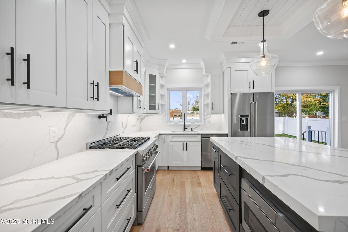 Interior, Kitchen, Pendant Lights, Recessed Lighting, Stainless Steel Appliances, Wood Texture Flooring