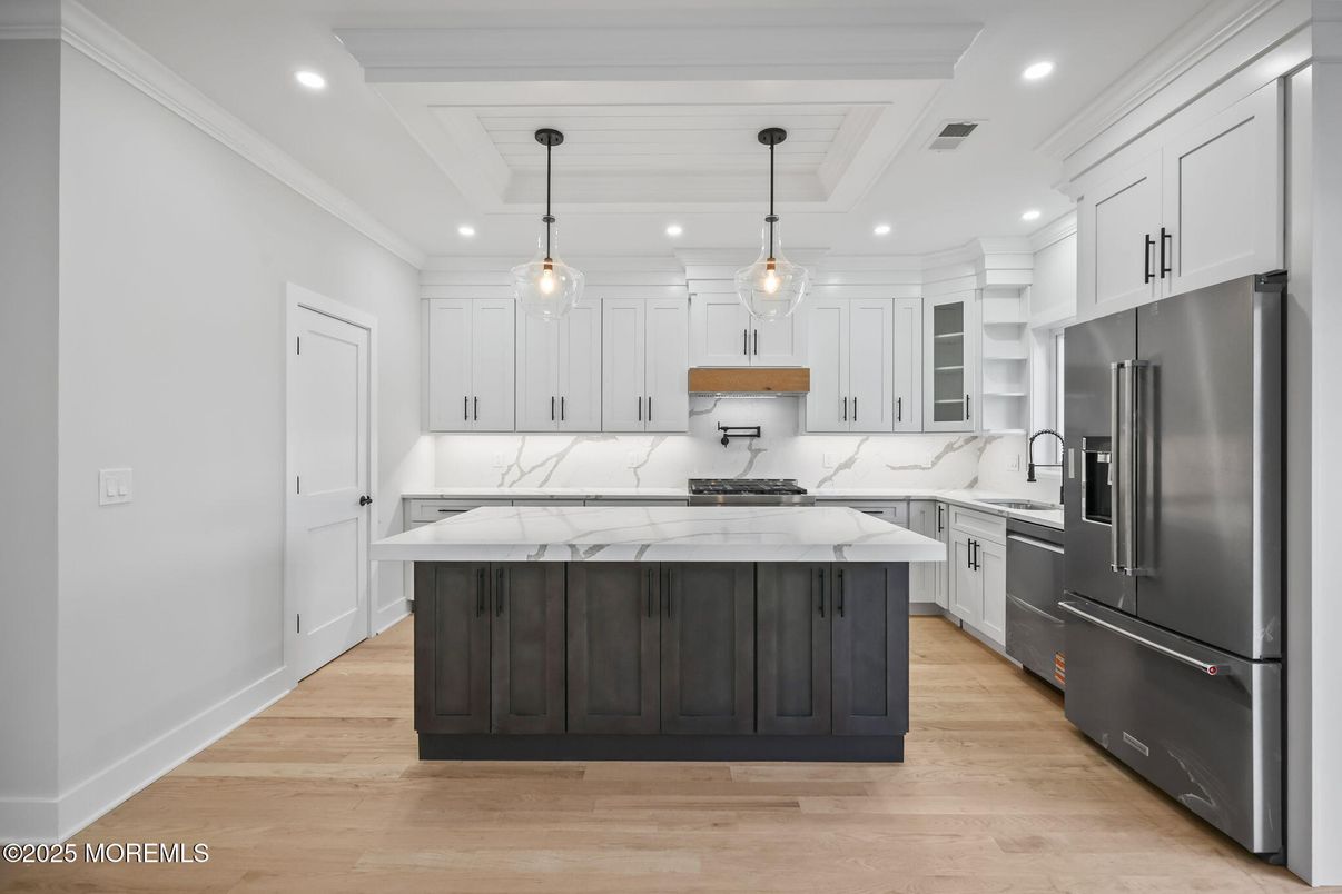 Interior, Kitchen, Pendant Lights, Recessed Lighting, Stainless Steel Appliances, Wood Texture Flooring