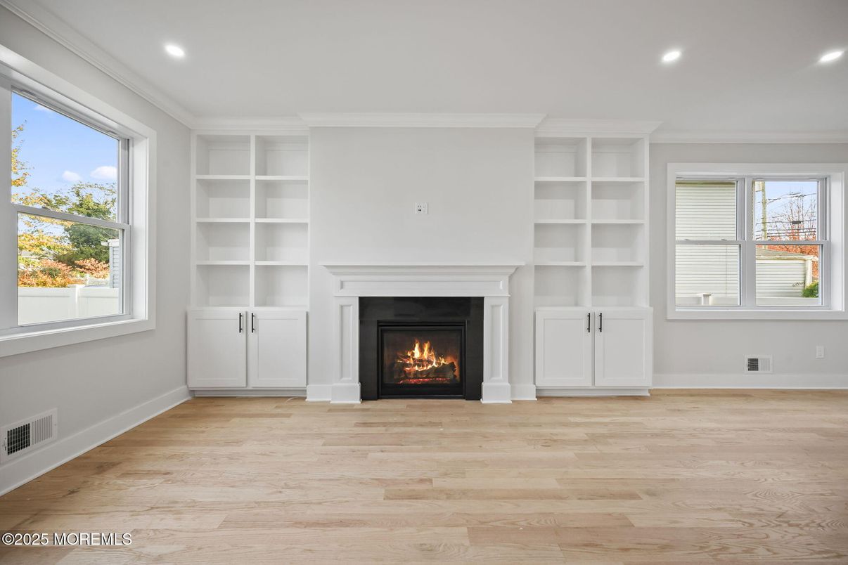 Empty room, Fireplace, Interior, Recessed Lighting, Wood Texture Flooring