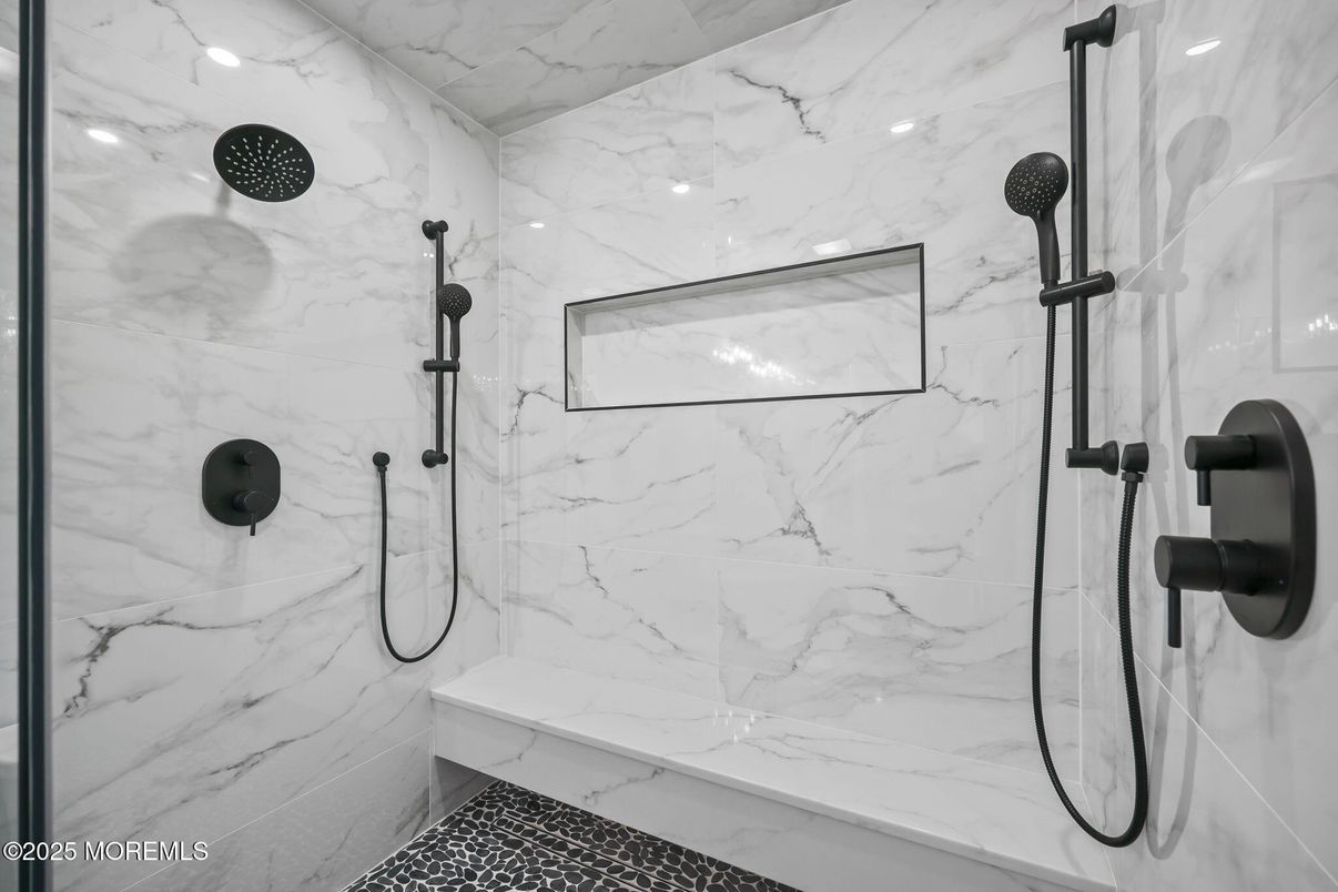 Bathroom, Glass Shower, Interior, Marble Walls, Recessed Lighting