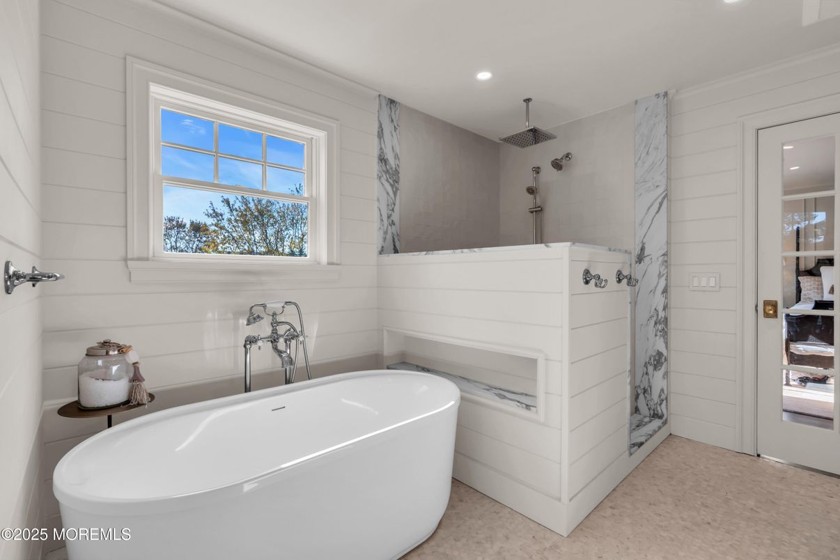 Bathroom, Free Standing Baths, Interior, Marble Walls, Recessed Lighting