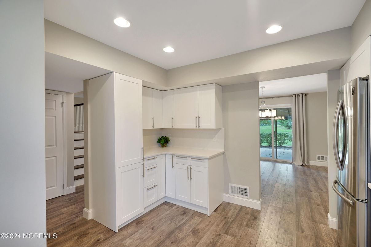 Interior, Kitchen, Pendant Lights, Recessed Lighting, Wood Texture Flooring