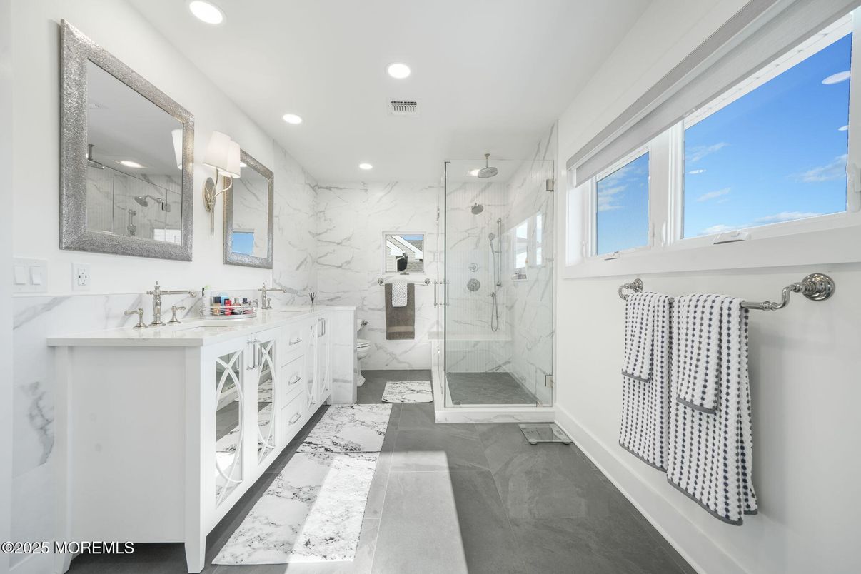 Bathroom, Glass Shower, Interior, Marble, Marble Walls, Recessed Lighting