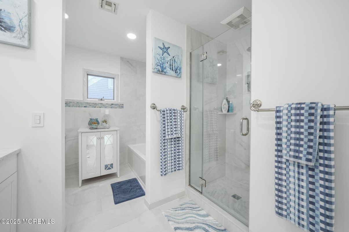 Bathroom, Glass Shower, Interior, Marble Walls, Recessed Lighting