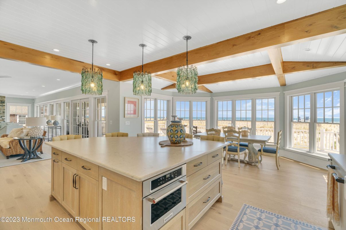 Dining room, Interior, Kitchen, Pendant Lights, Recessed Lighting, Stainless Steel Appliances, Wooden Beams, Wood Texture Flooring