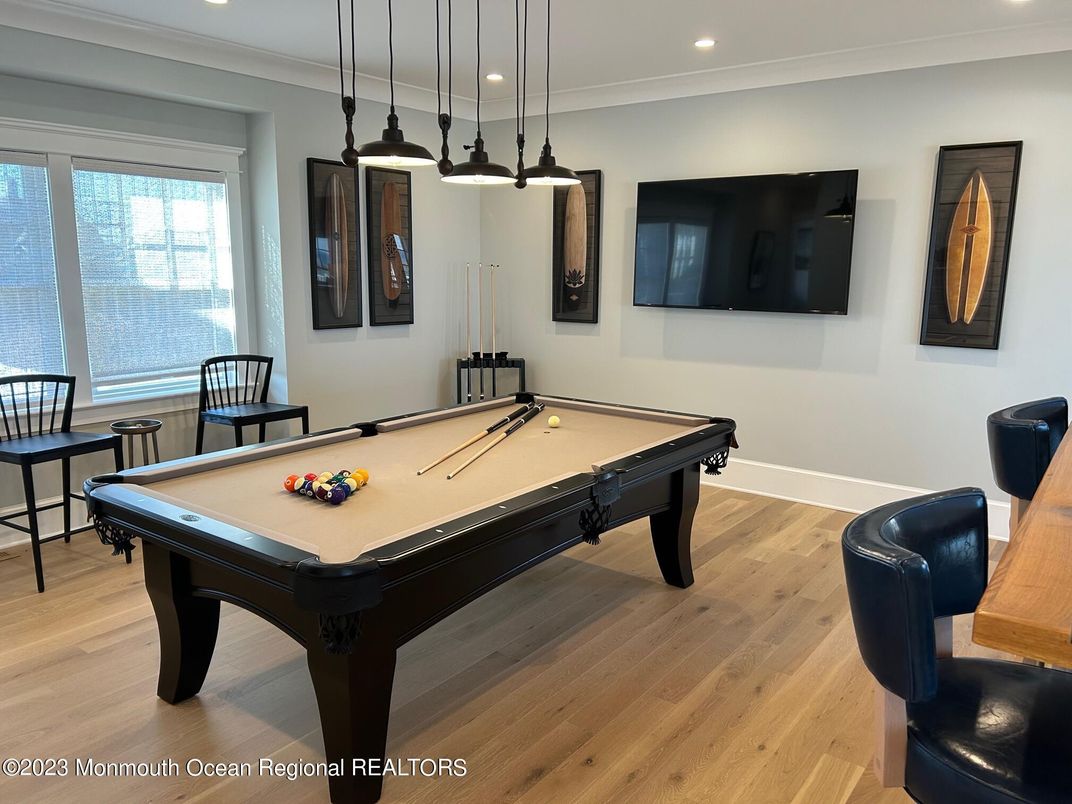 Billiard Table, Game Room, Interior, Pendant Lights, Recessed Lighting, Wood Texture Flooring