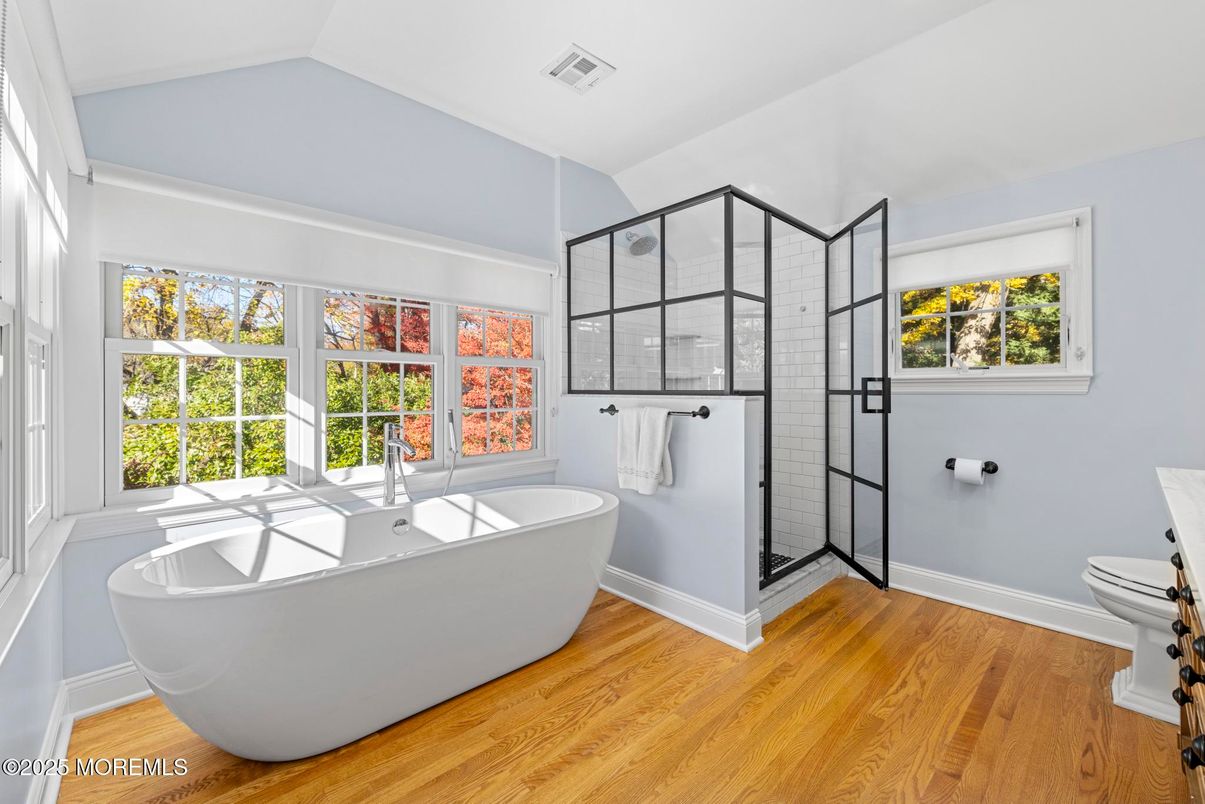 Bathroom, Free Standing Baths, Glass Shower, Interior, Wood Texture Flooring