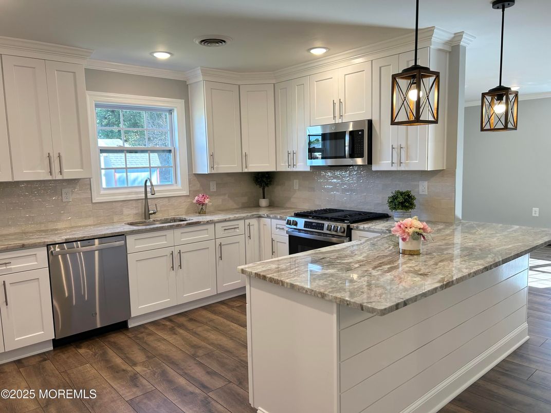 Interior, Kitchen, Pendant Lights, Recessed Lighting, Stainless Steel Appliances, Wood Texture Flooring