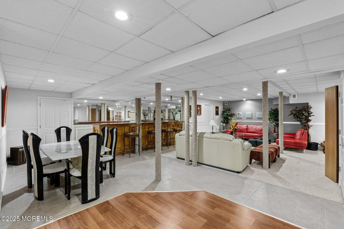 Dining room, Interior, Living room, Recessed Lighting, Wood Texture Flooring