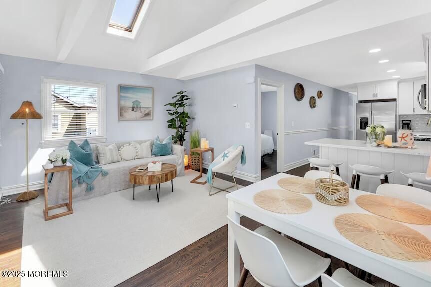 Dining room, Interior, Kitchen, Living room, Recessed Lighting, Stainless Steel Appliances, Wood Texture Flooring