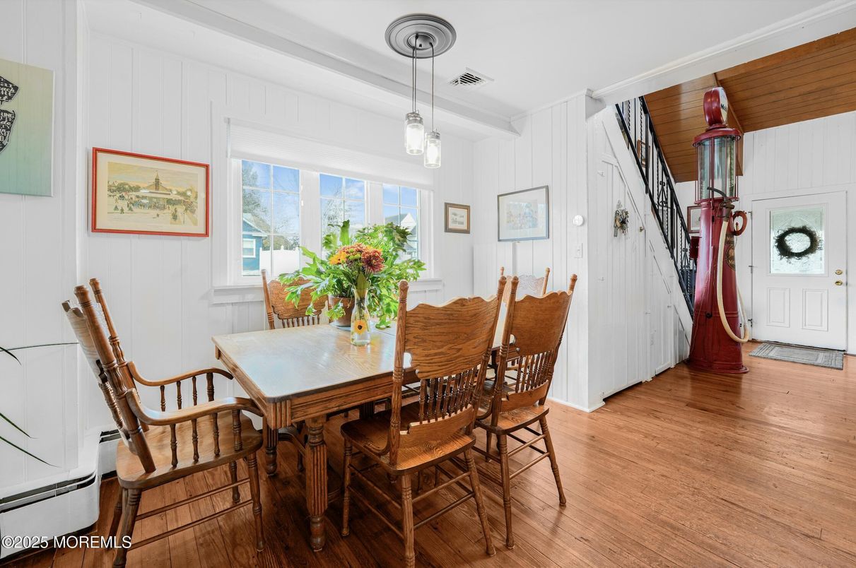 Dining room, Interior, Pendant Lights, Wood Texture Flooring