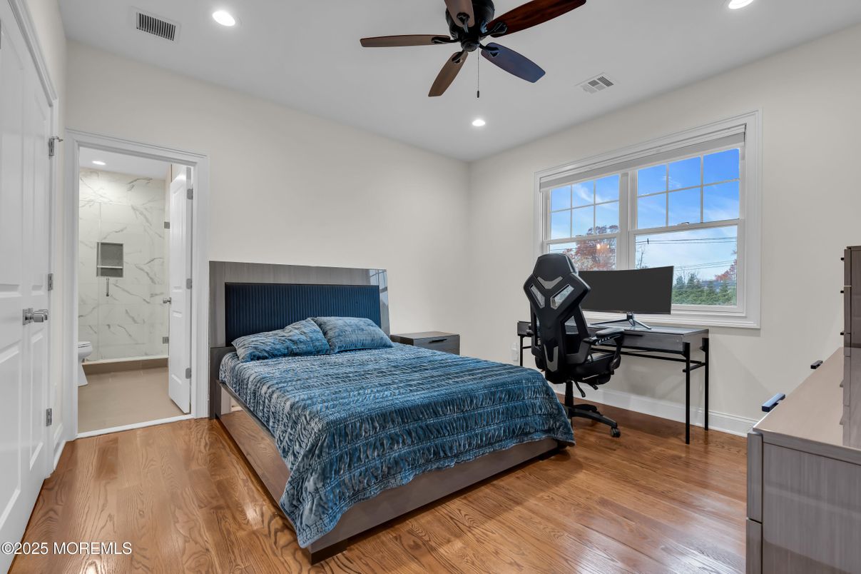 Bedroom, Home Office, Interior, Marble Walls, Recessed Lighting, Wood Texture Flooring