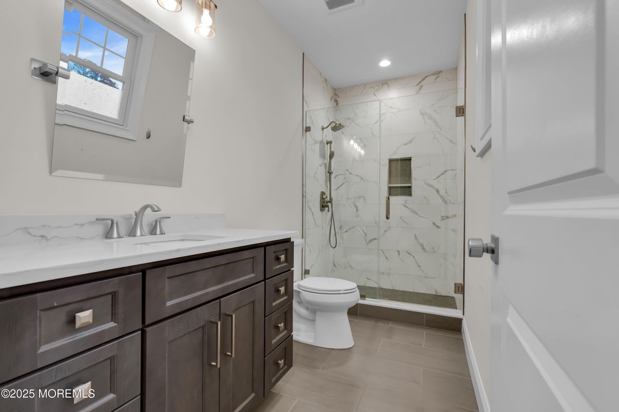Bathroom, Glass Shower, Interior, Marble Walls, Recessed Lighting