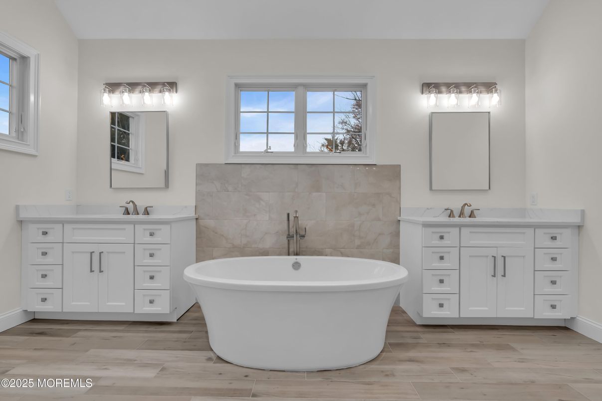 Bathroom, Dual Sink Vanities, Free Standing Baths, Interior, Wood Texture Flooring