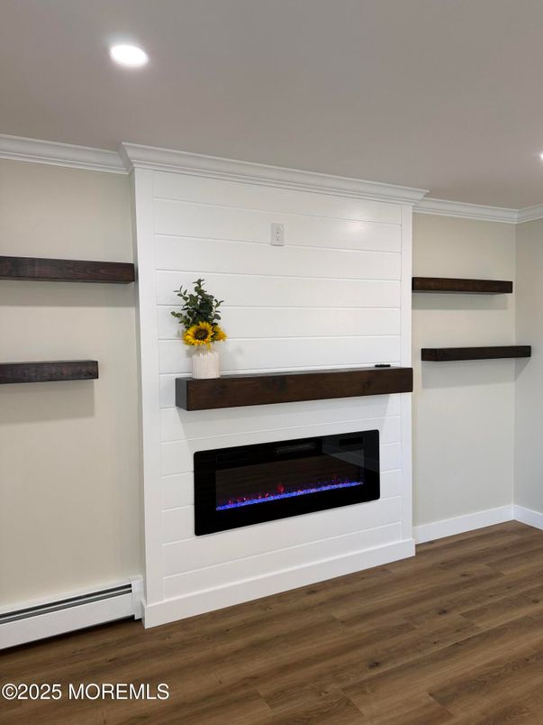 Fireplace, Interior, Recessed Lighting, Wood Texture Flooring