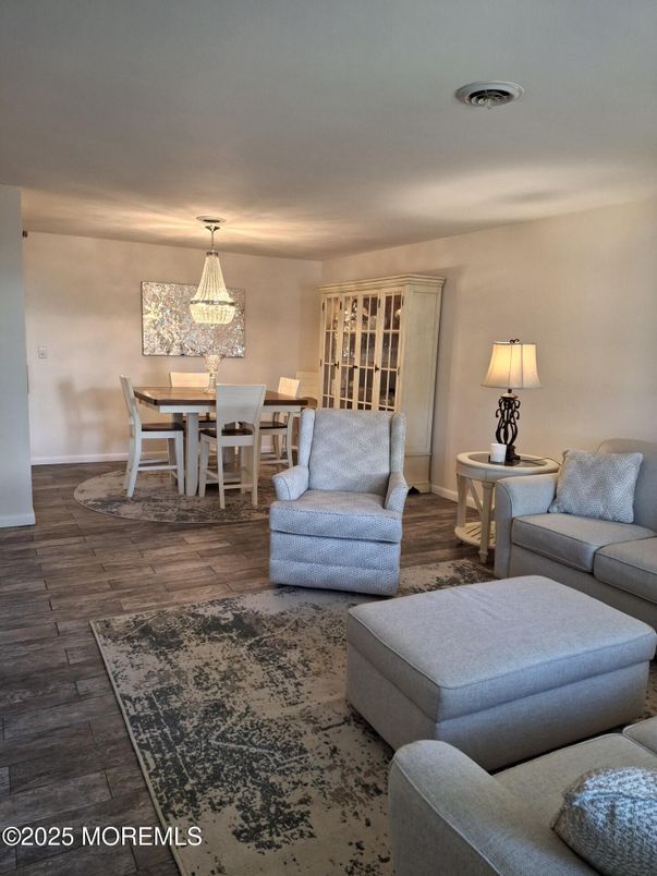 Dining room, Interior, Living room, Pendant Lights, Wood Texture Flooring