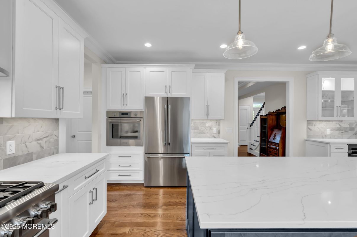 Interior, Kitchen, Pendant Lights, Recessed Lighting, Stainless Steel Appliances, Wood Texture Flooring