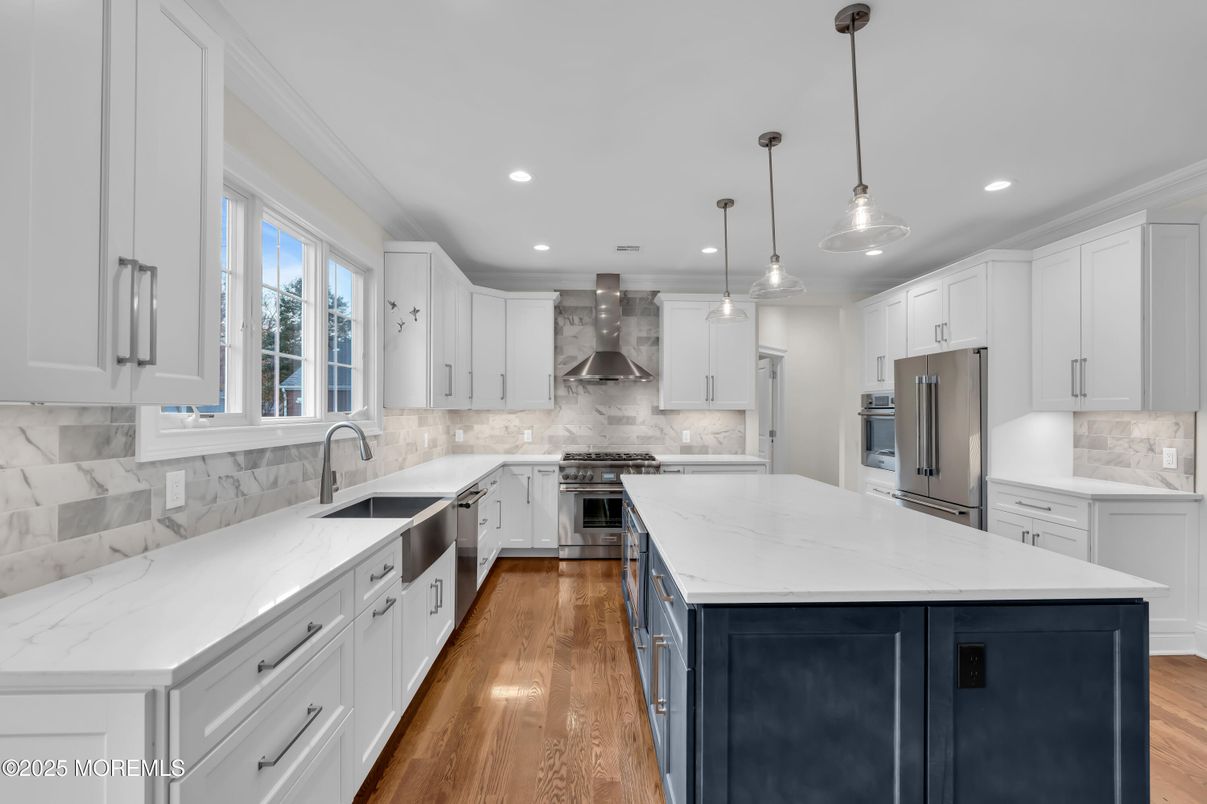 Interior, Kitchen, Pendant Lights, Recessed Lighting, Stainless Steel Appliances, Wood Texture Flooring