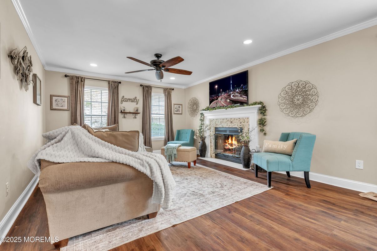 Fireplace, Interior, Recessed Lighting, Wood Texture Flooring