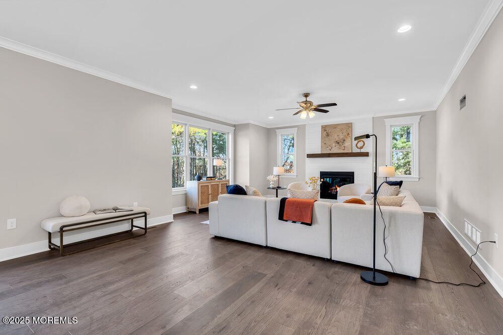 Fireplace, Interior, Living room, Recessed Lighting, Wood Texture Flooring