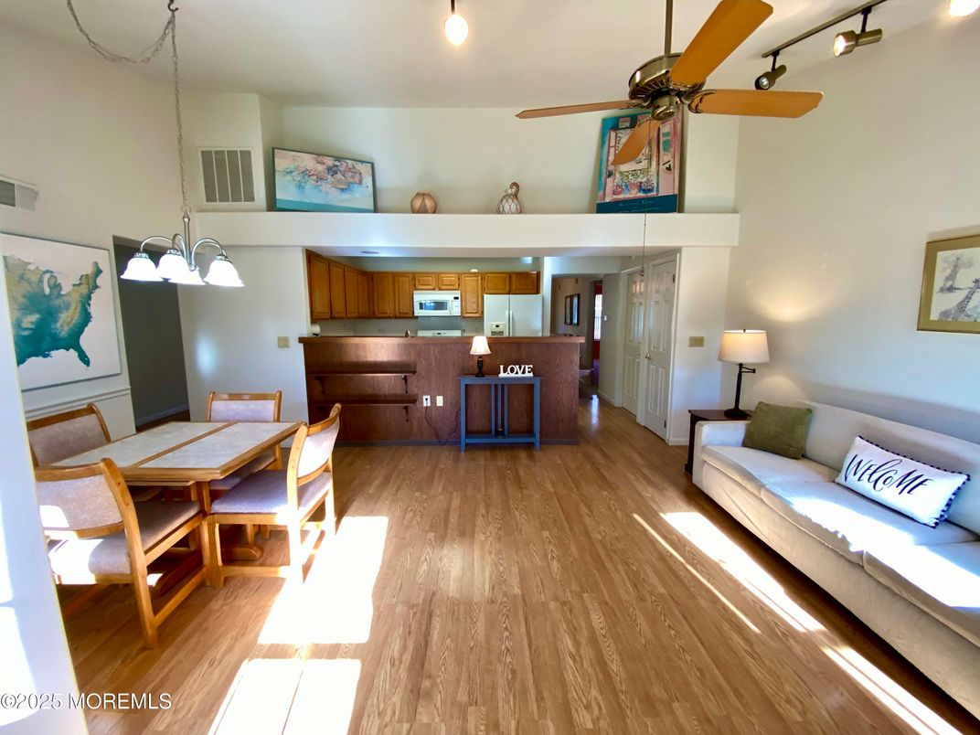 Dining room, Interior, Kitchen, Living room, Pendant Lights, Wood Texture Flooring