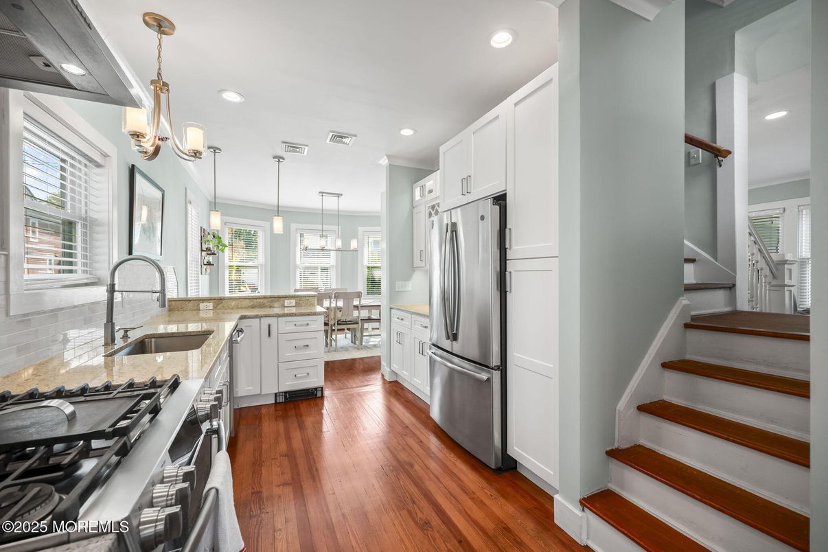 Interior, Kitchen, Pendant Lights, Recessed Lighting, Stainless Steel Appliances, Wood Texture Flooring