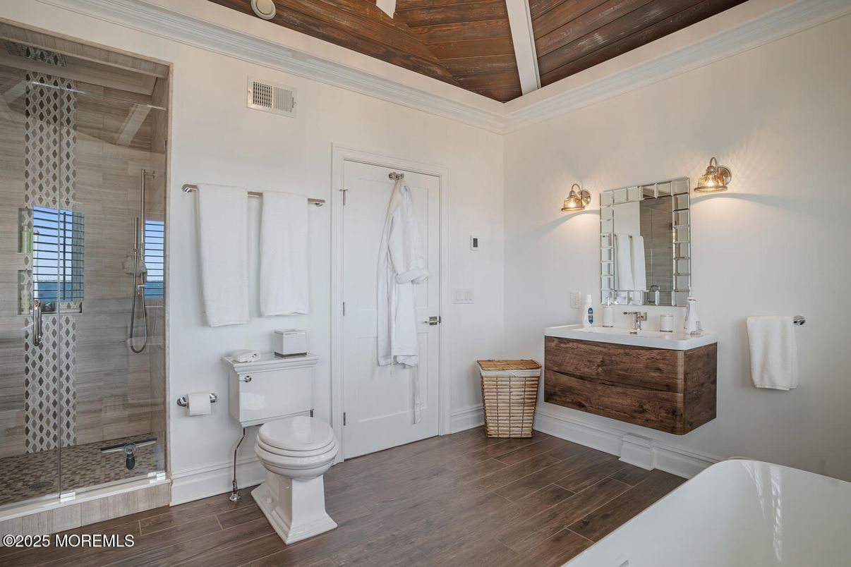 Bathroom, Glass Shower, Interior, Wooden Ceilings, Wood Texture Flooring