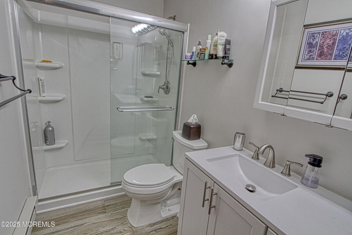 Bathroom, Glass Shower, Interior, Wood Texture Flooring