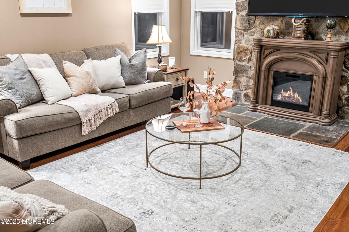 Fireplace, Interior, Living room, Stone Walls, Wood Texture Flooring