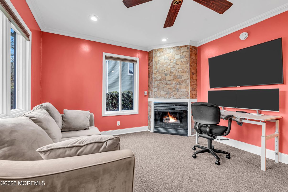 Fireplace, Home Office, Interior, Recessed Lighting, Stone Walls