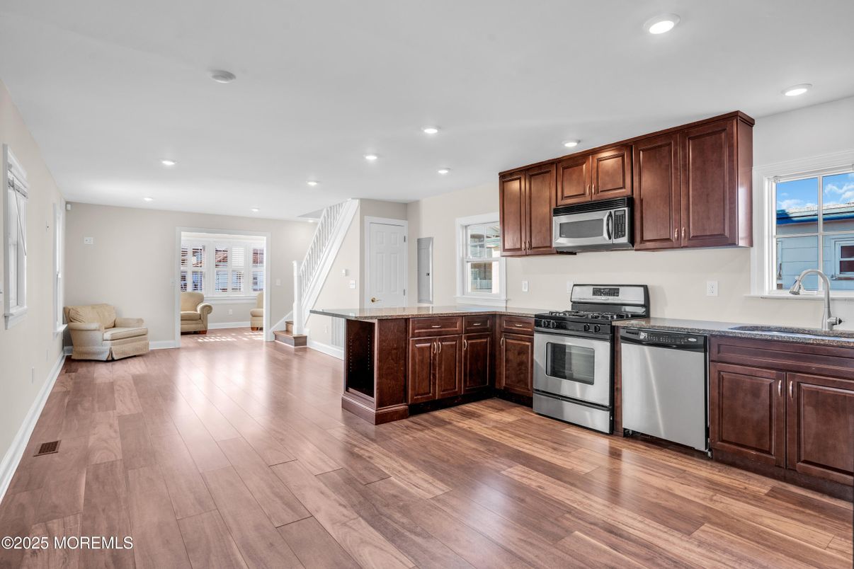 Interior, Kitchen, Recessed Lighting, Stainless Steel Appliances, Wood Texture Flooring
