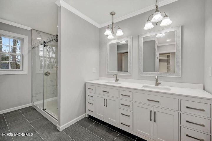 Bathroom, Dual Sink Vanities, Glass Shower, Interior, Pendant Lights