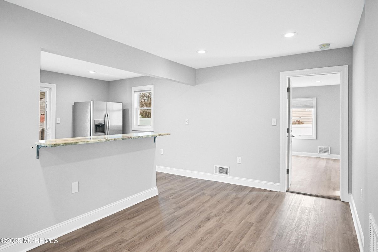 Empty room, Interior, Kitchen, Recessed Lighting, Wood Texture Flooring