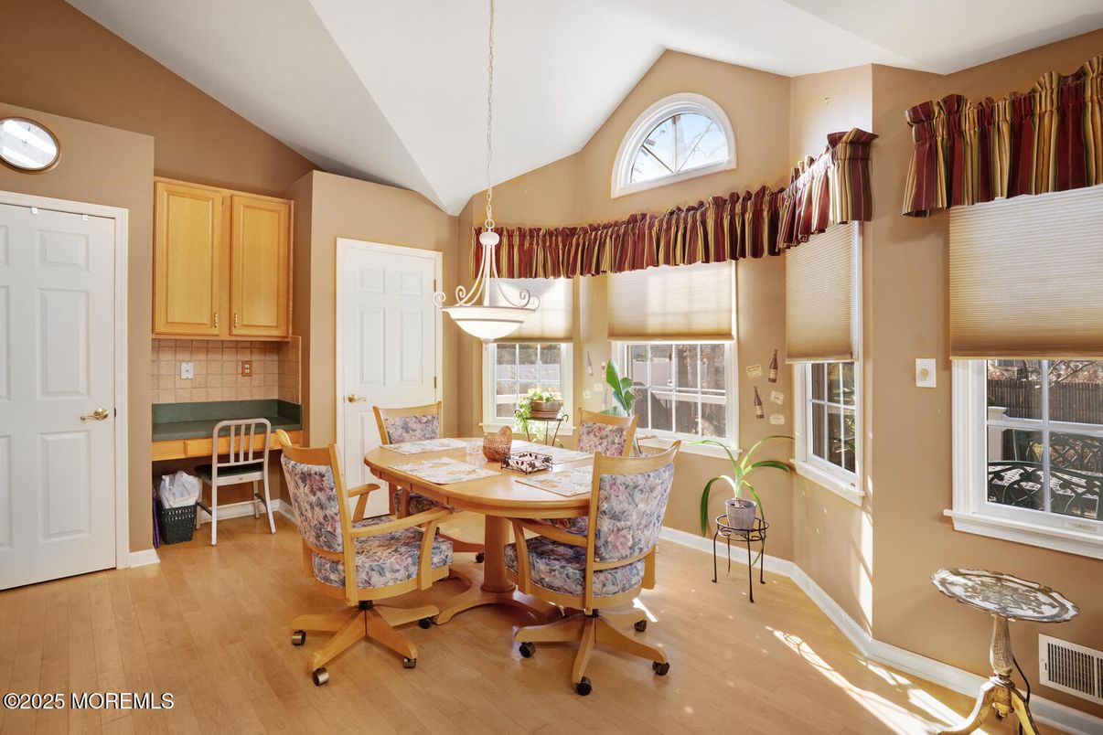 Dining room, Interior, Pendant Lights, Wood Texture Flooring