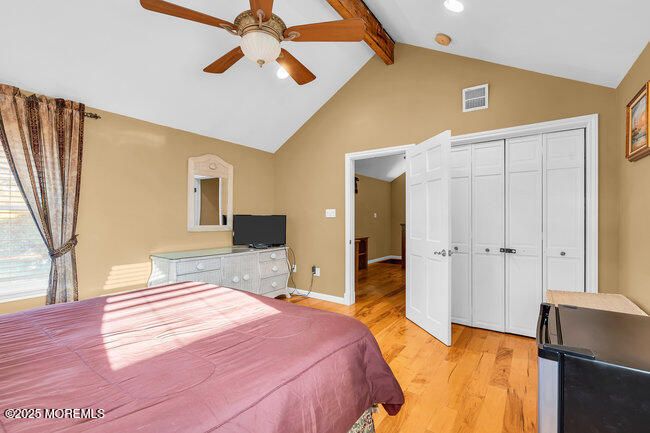 Bedroom, Interior, Recessed Lighting, Wooden Beams, Wood Texture Flooring