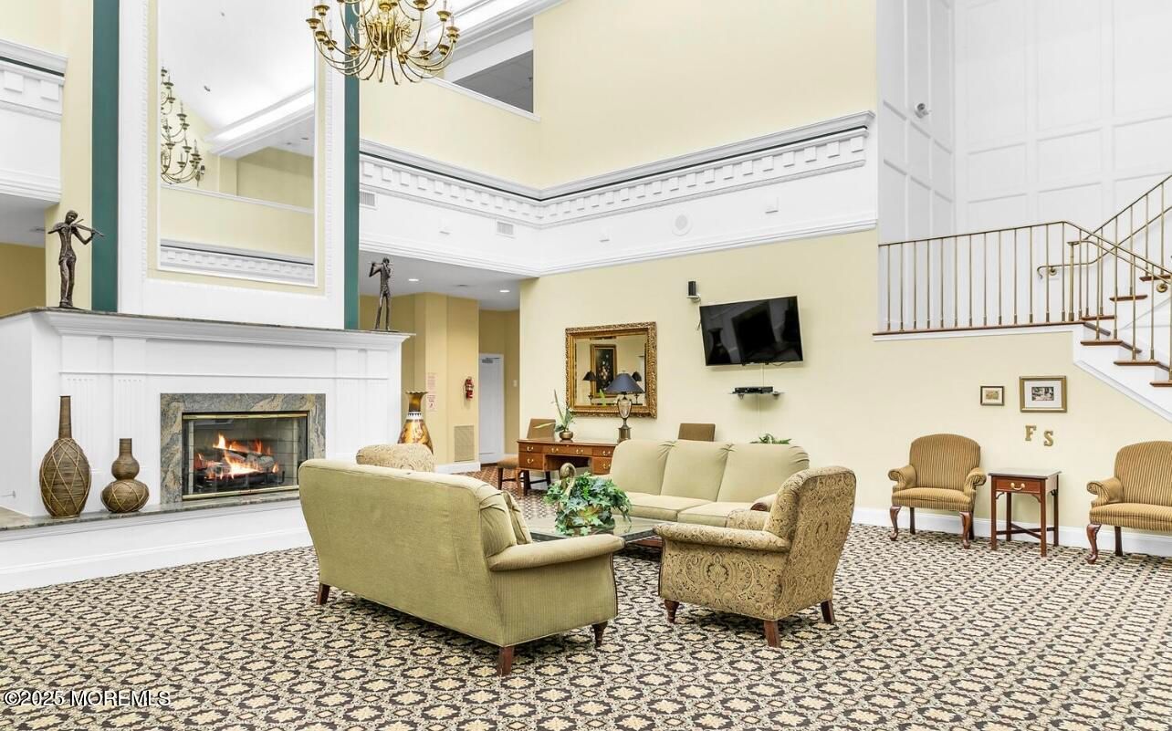 Chandelier, Fireplace, Interior, Living room, Recessed Lighting