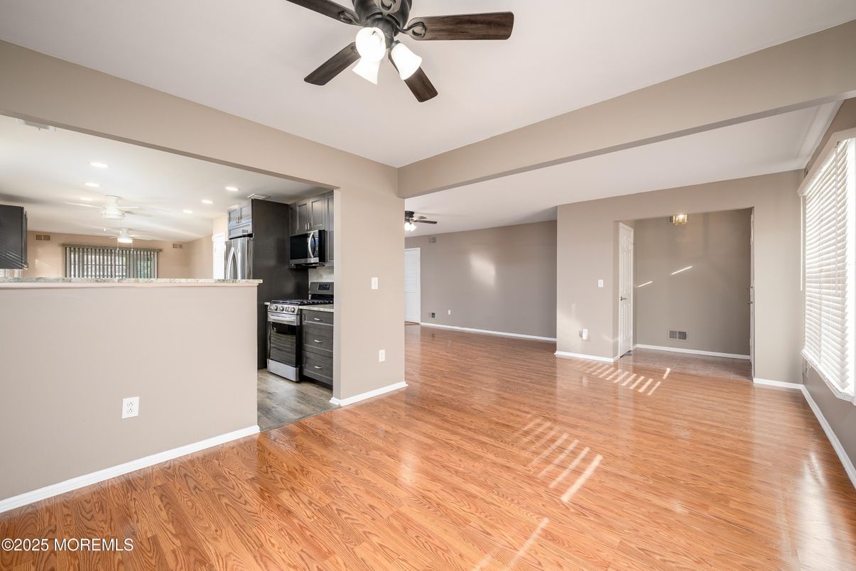 Empty room, Interior, Kitchen, Recessed Lighting, Wood Texture Flooring