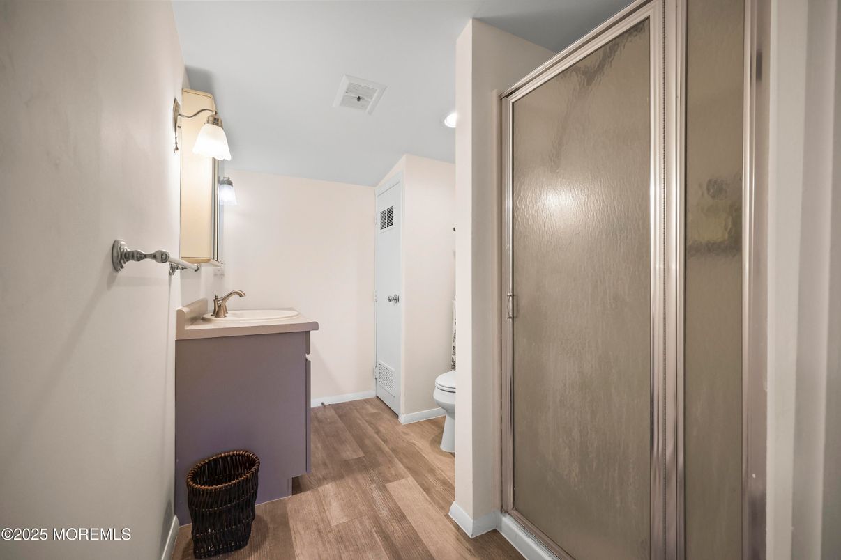 Bathroom, Glass Shower, Interior, Wood Texture Flooring