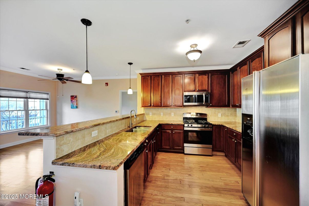 Interior, Kitchen, Pendant Lights, Stainless Steel Appliances, Wood Texture Flooring