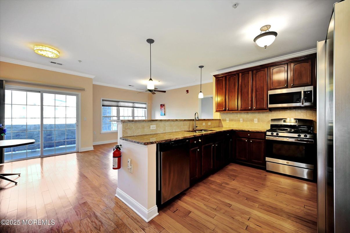Interior, Kitchen, Pendant Lights, Stainless Steel Appliances, Wood Texture Flooring
