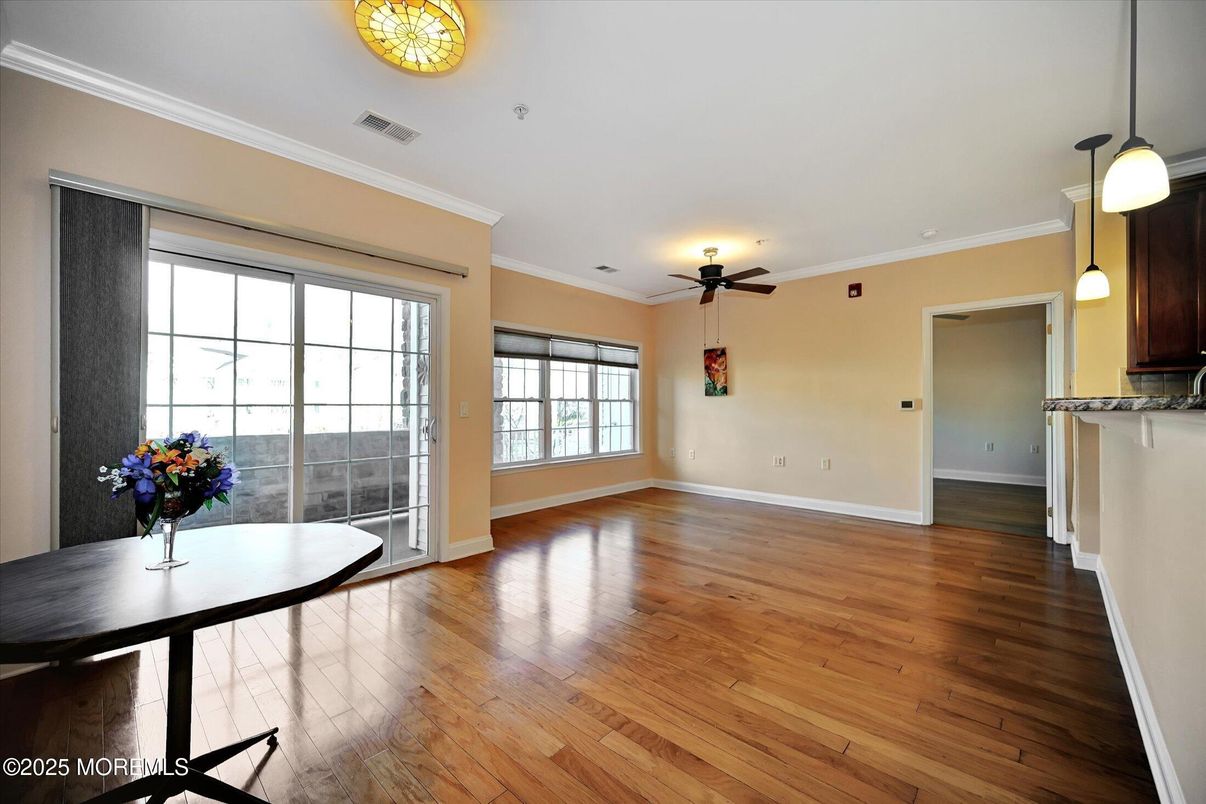 Dining room, Interior, Pendant Lights, Wood Texture Flooring