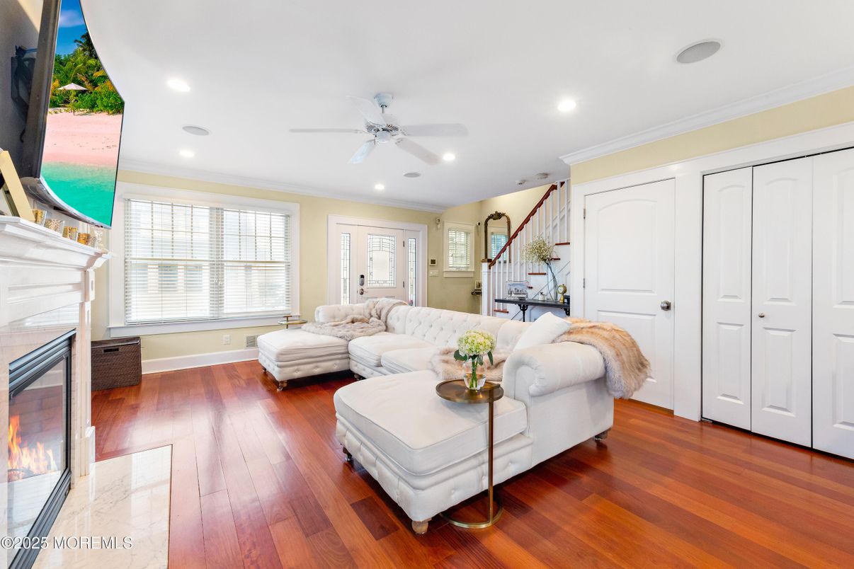 Fireplace, Interior, Living room, Recessed Lighting, Wood Texture Flooring